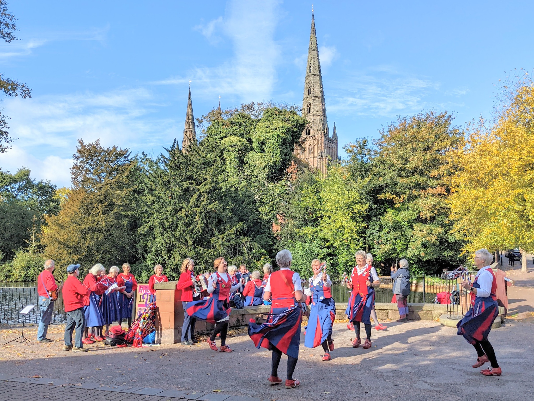 dancing in front of the pool and cathedral Lichfield